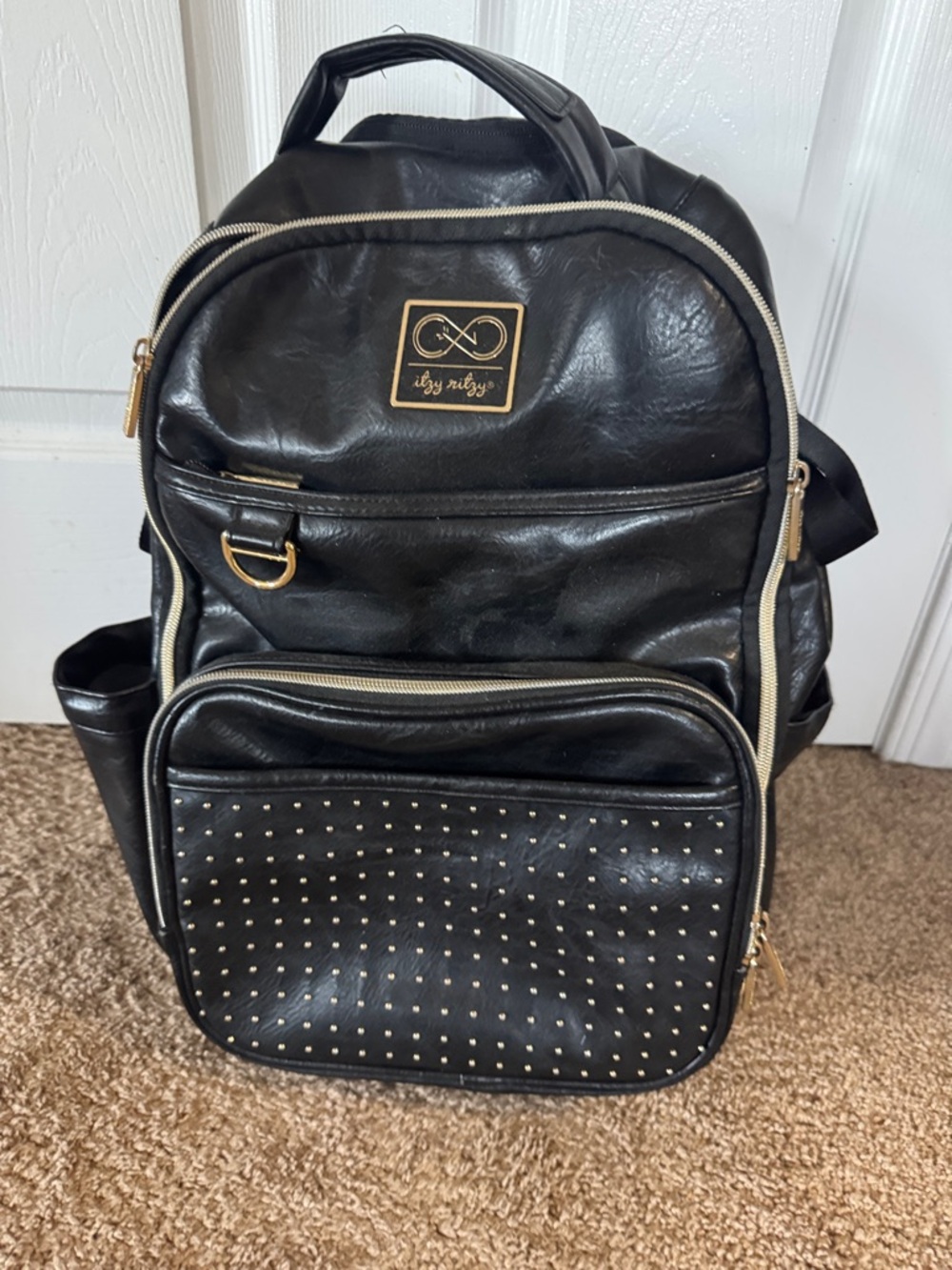 Itzy Ritzy Black Faux Leather Backpack with Gold Hardware
